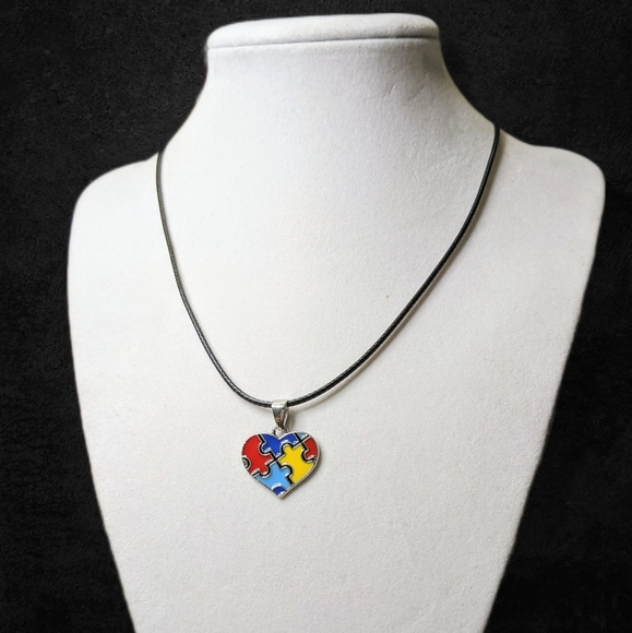 New Autism Awareness Necklace Heart Puzzle Piece Charm on Black Necklace Cord - Picture 7 of 8